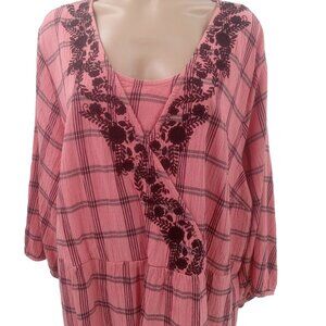 Catherines Orange Black Windowpane Blouse 3X Surplice Ruffle Hem Embroidered